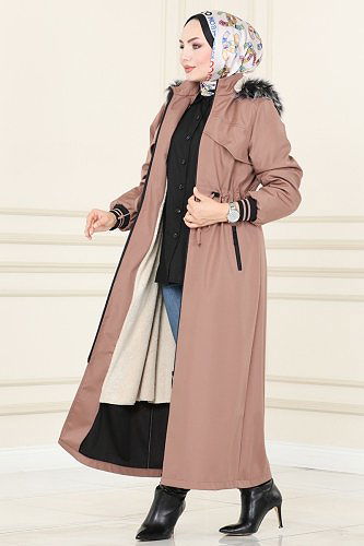 moda selvim 4619MDH809 بيج تفاحي ترانشكوت - Thumbnail