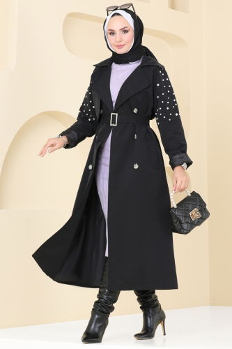 moda selvim Trenchcoat 4629MDH809 Black - Thumbnail