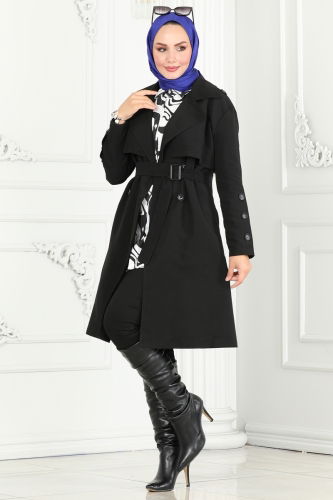 moda selvim Trenchcoat 6117BSK463 Black - Thumbnail