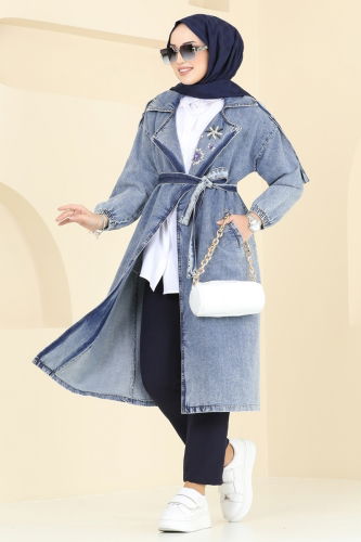 moda selvim Trenchcoat 639MSM187 Washed Jeans - Thumbnail