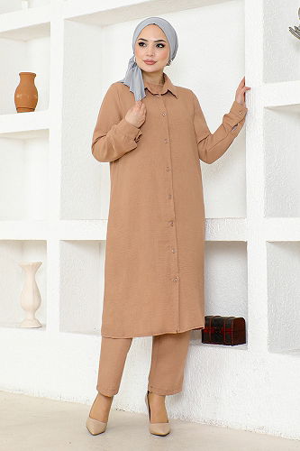 moda selvim Triple Linen Set END5498-M Mink - Thumbnail