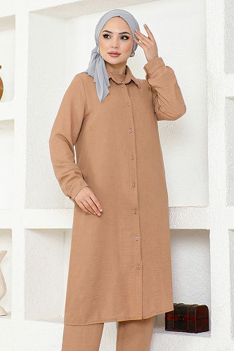 moda selvim Triple Linen Set END5498-M Mink - Thumbnail