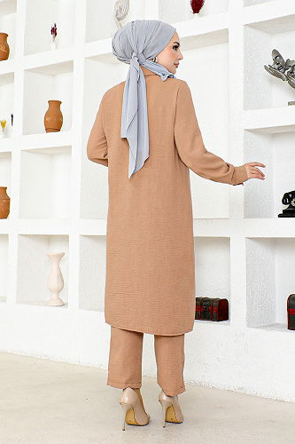 moda selvim Triple Linen Set END5498-M Mink - Thumbnail