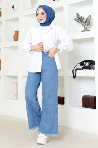 moda selvim Trousers FLR7110 Light Navy Blue - Thumbnail