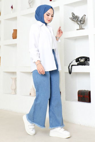 moda selvim Trousers FLR7110 Light Navy Blue - Thumbnail