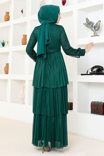 moda selvim Tulle Evening Dress with Folded Skirt MDY4918-M Emerald - Thumbnail