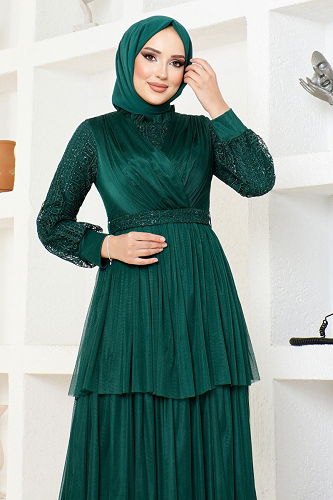 moda selvim Tulle Evening Dress with Folded Skirt MDY4918-M Emerald - Thumbnail