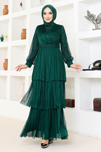 moda selvim Tulle Evening Dress with Folded Skirt MDY4918-M Emerald - Thumbnail