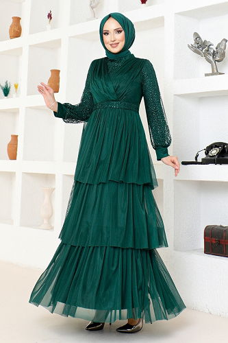 moda selvim Tulle Evening Dress with Folded Skirt MDY4918-M Emerald - Thumbnail