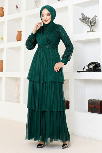 moda selvim Tulle Evening Dress with Folded Skirt MDY4918-M Emerald - Thumbnail