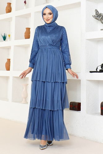 moda selvim Tulle Evening Dress with Folded Skirt MDY4918-M Indigo - Thumbnail