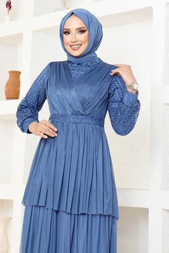 moda selvim Tulle Evening Dress with Folded Skirt MDY4918-M Indigo - Thumbnail