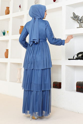 moda selvim Tulle Evening Dress with Folded Skirt MDY4918-M Indigo - Thumbnail