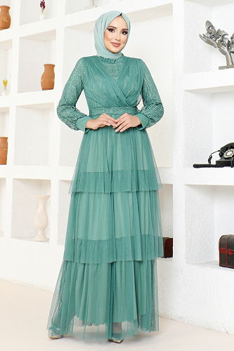 moda selvim Tulle Evening Dress with Folded Skirt MDY4918-M Mint - Thumbnail