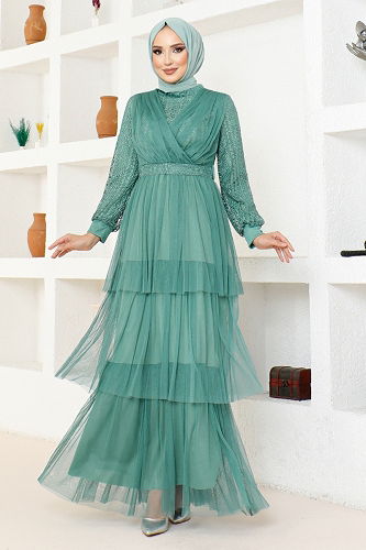 moda selvim Tulle Evening Dress with Folded Skirt MDY4918-M Mint - Thumbnail