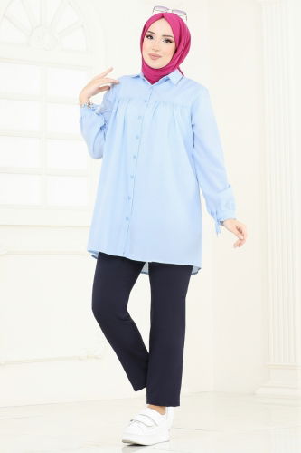 moda selvim بلوز أزرق فاتح 002MR1078 - Thumbnail