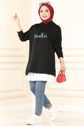 moda selvim 0155UZ662 اسود بلوز طويل - Thumbnail