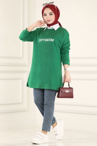 moda selvim 0165UZ662 اللون الأخضر بلوز طويل - Thumbnail