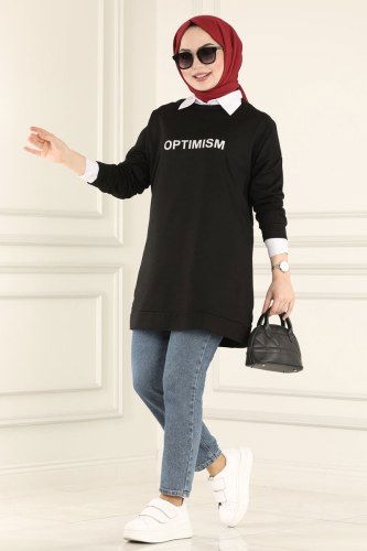 moda selvim 0165UZ662 اسود بلوز طويل - Thumbnail