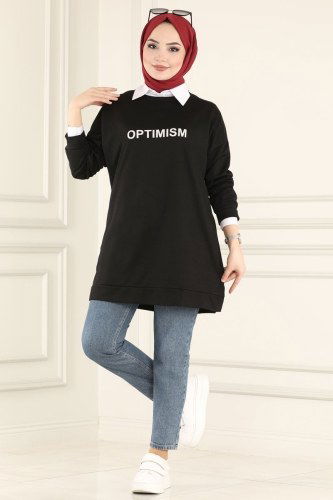 moda selvim 0165UZ662 اسود بلوز طويل - Thumbnail