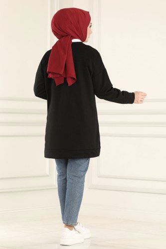 moda selvim 0165UZ662 اسود بلوز طويل - Thumbnail