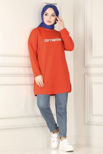 moda selvim 0165UZ662 برتقالي بلوز طويل - Thumbnail