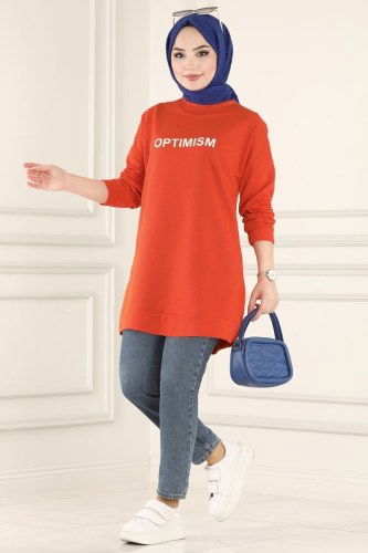 moda selvim 0165UZ662 برتقالي بلوز طويل - Thumbnail