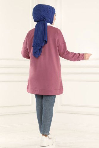 moda selvim 0166UZ662 الزهري بلوز طويل - Thumbnail