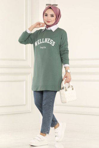 moda selvim 0166UZ662 تركوازي بلوز طويل - Thumbnail