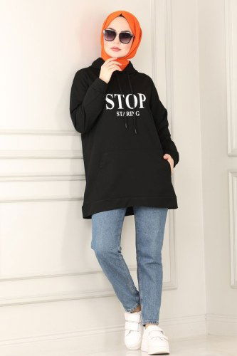 moda selvim 0168UZ662 اسود بلوز طويل - Thumbnail