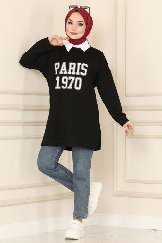 moda selvim 0169UZ662 اسود بلوز طويل - Thumbnail