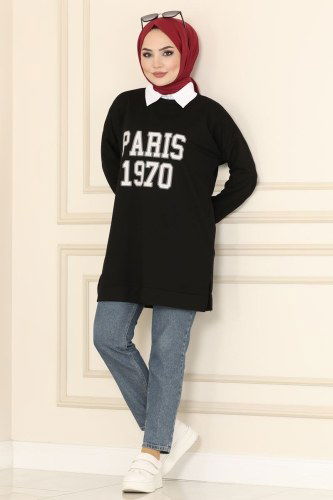 moda selvim 0169UZ662 اسود بلوز طويل - Thumbnail