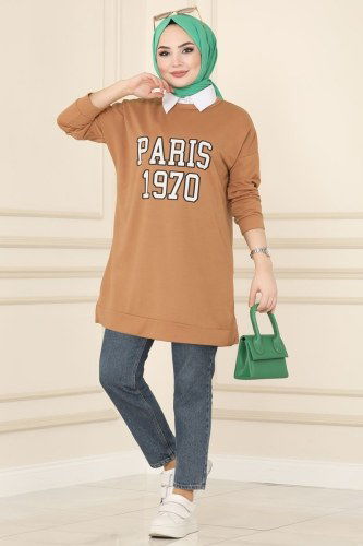 moda selvim 0169UZ662 لحمي بلوز طويل - Thumbnail
