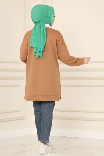 moda selvim 0169UZ662 لحمي بلوز طويل - Thumbnail