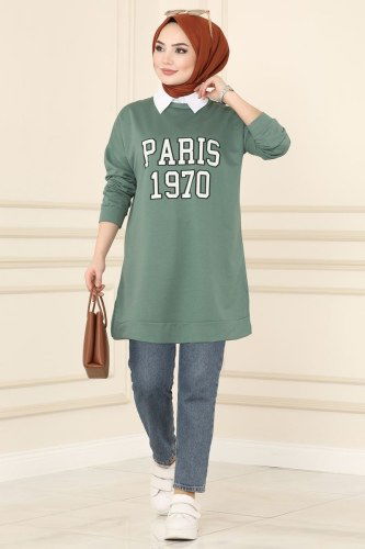 moda selvim 0169UZ662 تركوازي بلوز طويل - Thumbnail