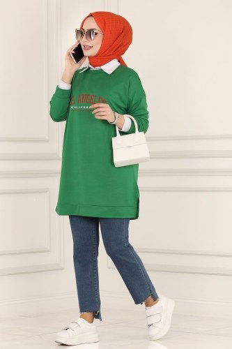moda selvim 0170UZ662 اللون الأخضر بلوز طويل - Thumbnail