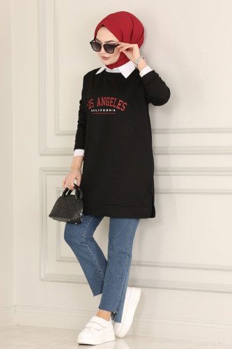 moda selvim 0170UZ662 اسود بلوز طويل - Thumbnail