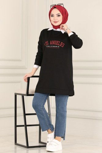 moda selvim 0170UZ662 اسود بلوز طويل - Thumbnail