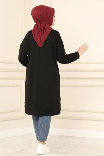 moda selvim 0172UZ662 اسود بلوز طويل - Thumbnail