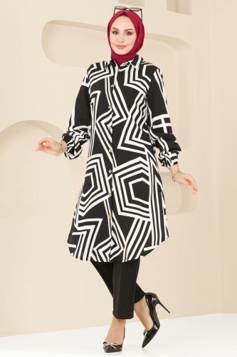 moda selvim Tunic 0173BG354 Black&Ecru - Thumbnail