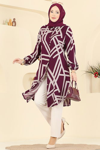 moda selvim بلوز خمري وبيج 0173BG354 - Thumbnail