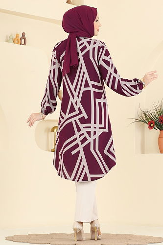 moda selvim بلوز خمري وبيج 0173BG354 - Thumbnail