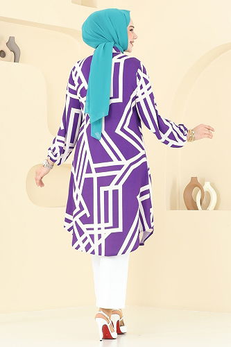 moda selvim Tunic 0173BG354 Lila&Ekru - Thumbnail