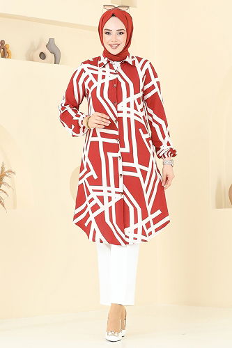 moda selvim Tunic 0173BG354 Red&Ecru - Thumbnail