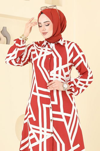 moda selvim Tunic 0173BG354 Red&Ecru - Thumbnail