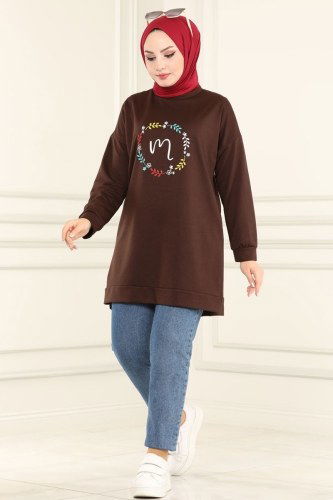 moda selvim 0173UZ662 البني بلوز طويل - Thumbnail