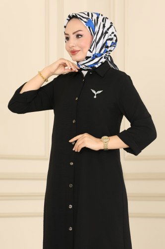 moda selvim 0987FYZ804 اسود بلوز طويل - Thumbnail