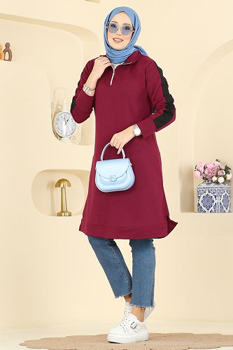 moda selvim Tunic 1006ETT926 Burgundy - Thumbnail