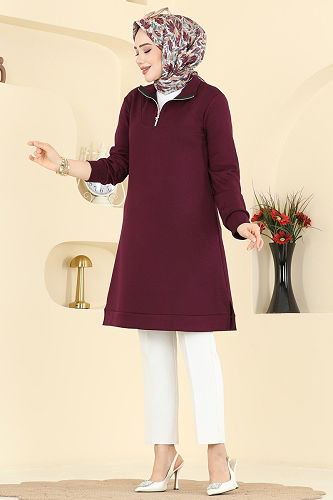 moda selvim Tunic 1008ETT926 Burgundy - Thumbnail