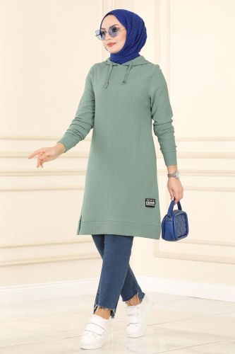 moda selvim 1009YNS793 تركوازي بلوز طويل - Thumbnail